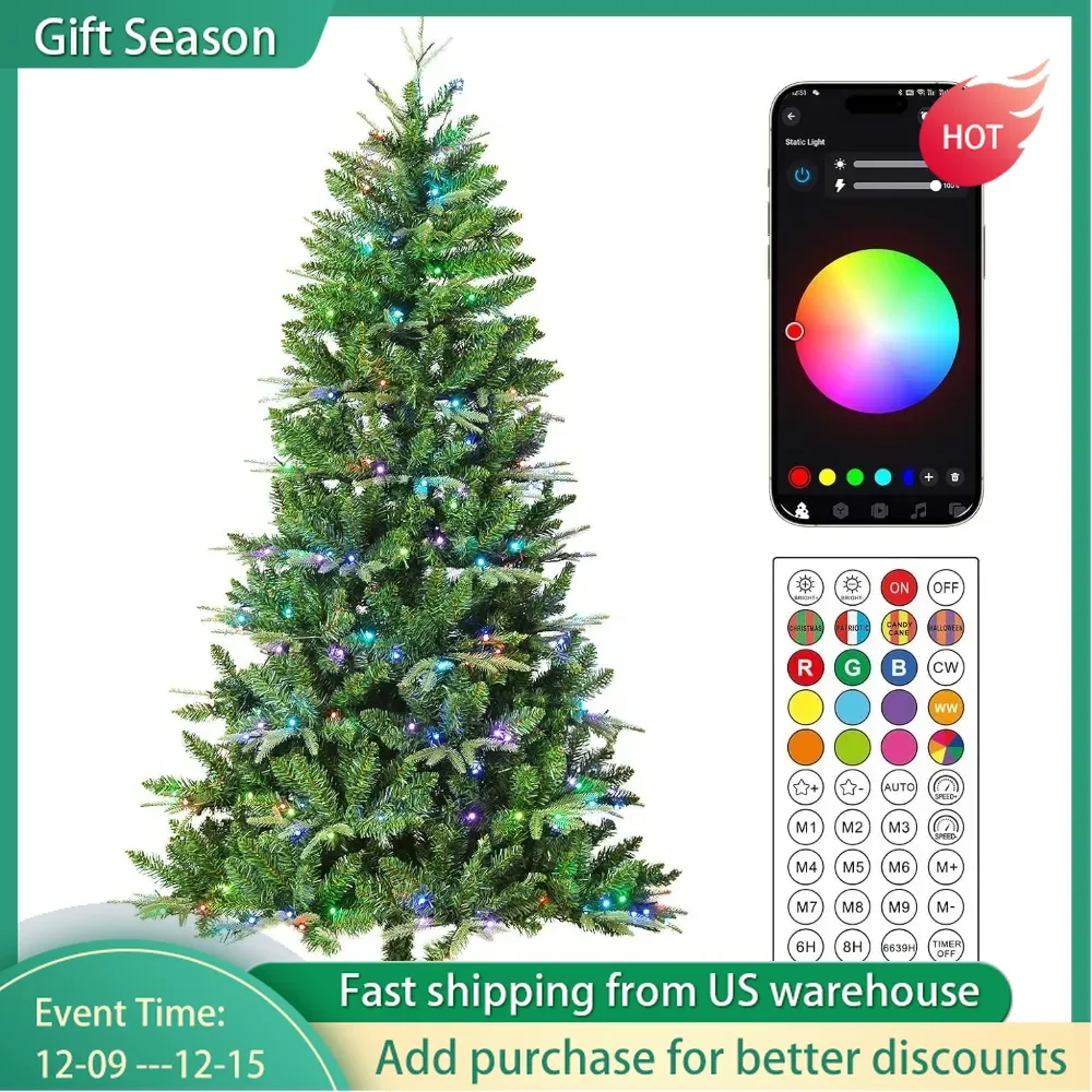 6 FT Pre Lit Spruce Artificial Holiday Christmas Tree 251 RGB LED Light APP and Remote Control, Metal Hinge Foldable Base