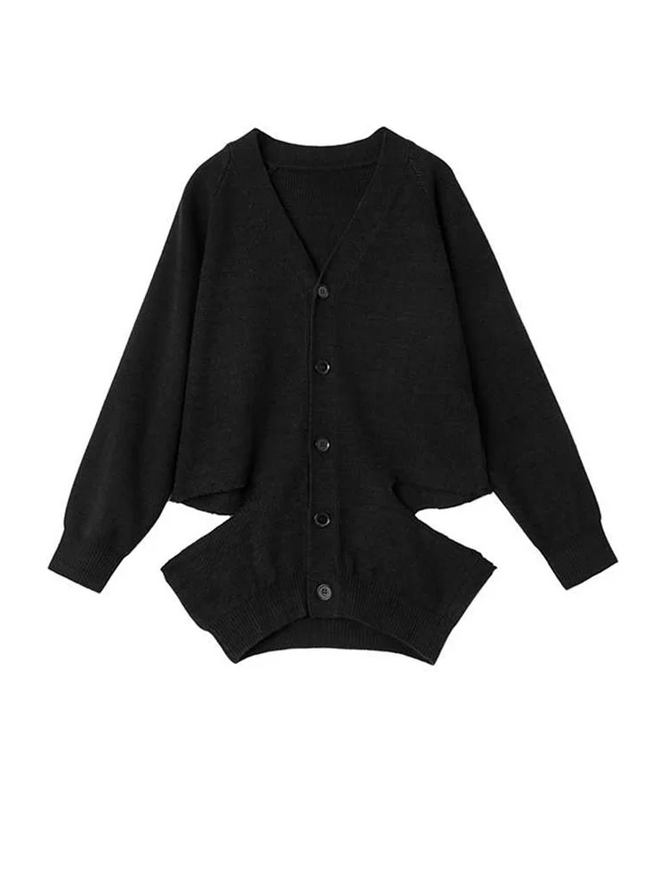 [EAM] Knitting Cardigan Holes Irregular Sweater Loose Fit V-Neck Long Sleeve Women New Fashion Tide Spring Autumn 2024 1DD6030