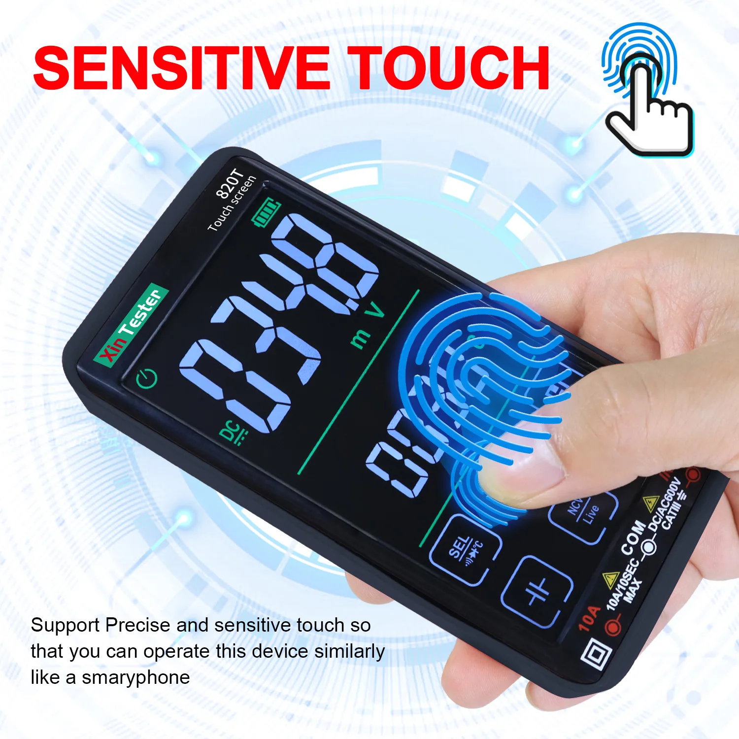 Xin Tester Large Screen Smart Digital Multimeter Lithium Battery Rechargeable AC DC Volt Amp Ohm NCV Capacitance Tester 820T