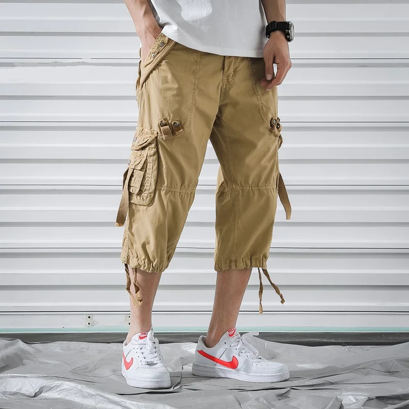 

Men's summer fashion cotton solid color workwear cropped pants men's sports and comfortable shorts casual street wear multi pock