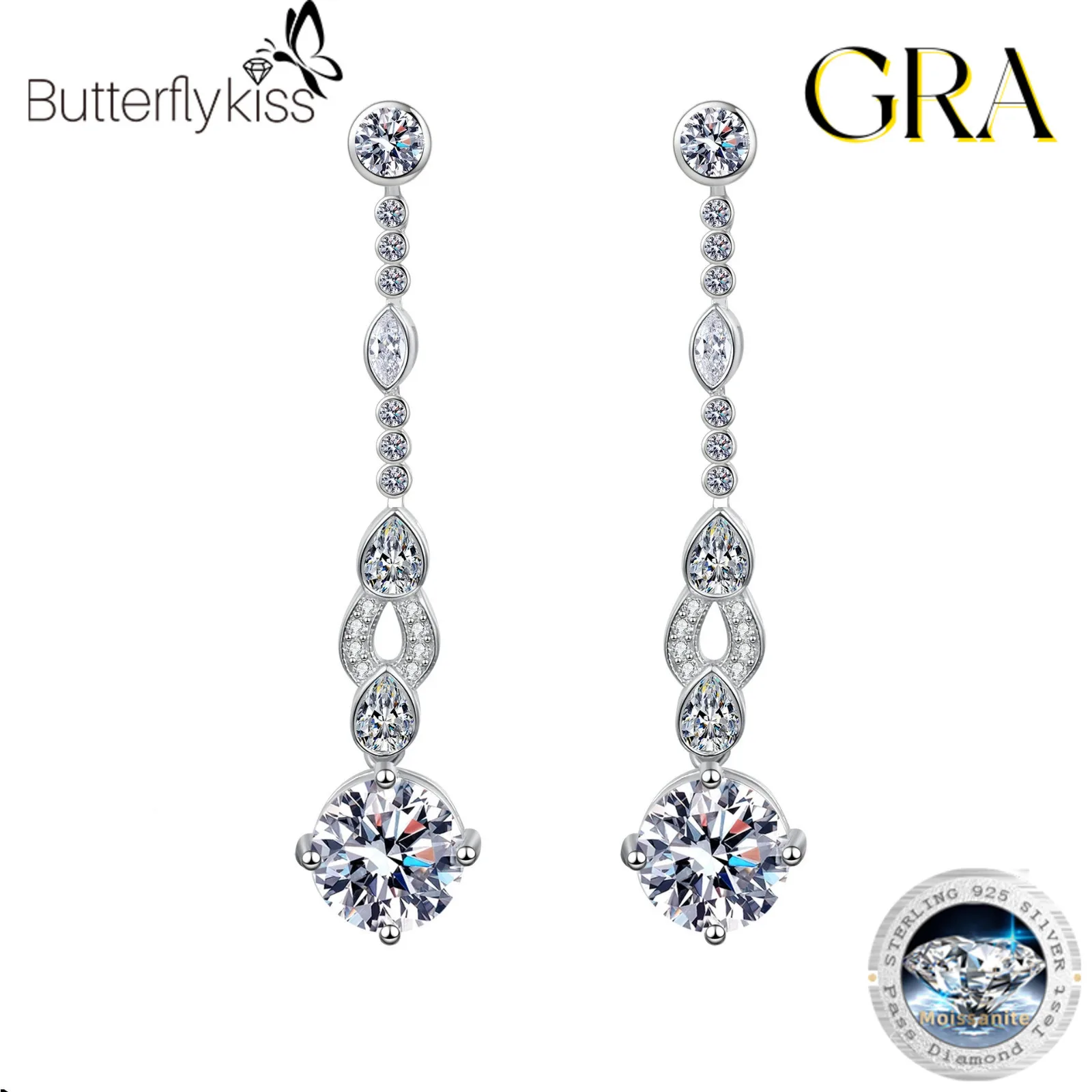 

Butterflykiss S925 Sterling Silver Moissanite Earrings For Women, 2CT Luxurious Long Tassel Drops With Sparkling Moissanite