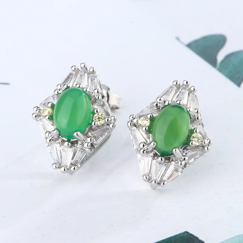 925 Silver Jewelry 3pcs Set Inlaid With Egg Face Emerald Chalcone Earrings Necklace Ring Emerald Agate Set Party Wedding Gift