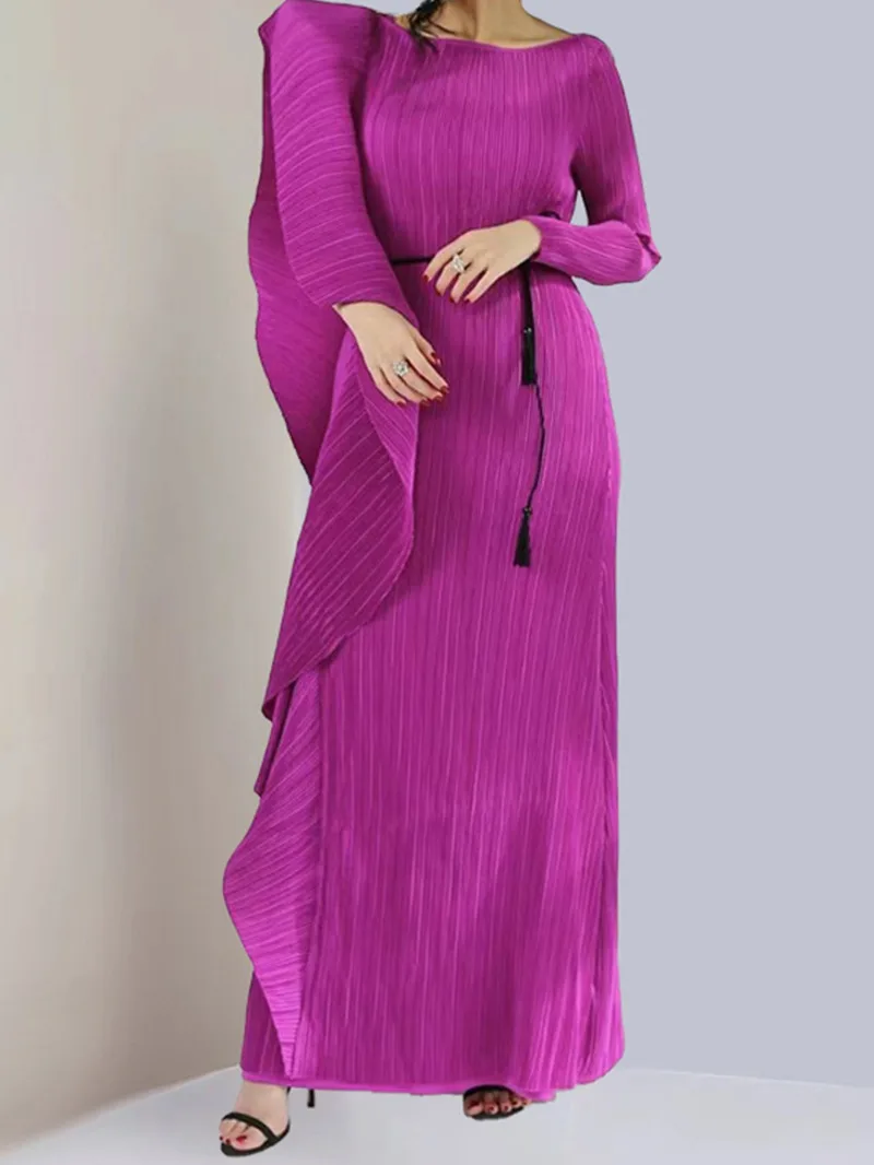 Ruffled Pleated Irregular Maxi Dress Women Solid Color Round Neck Women's Elegant Festival Clothing 2024 Summer 2QMCQ