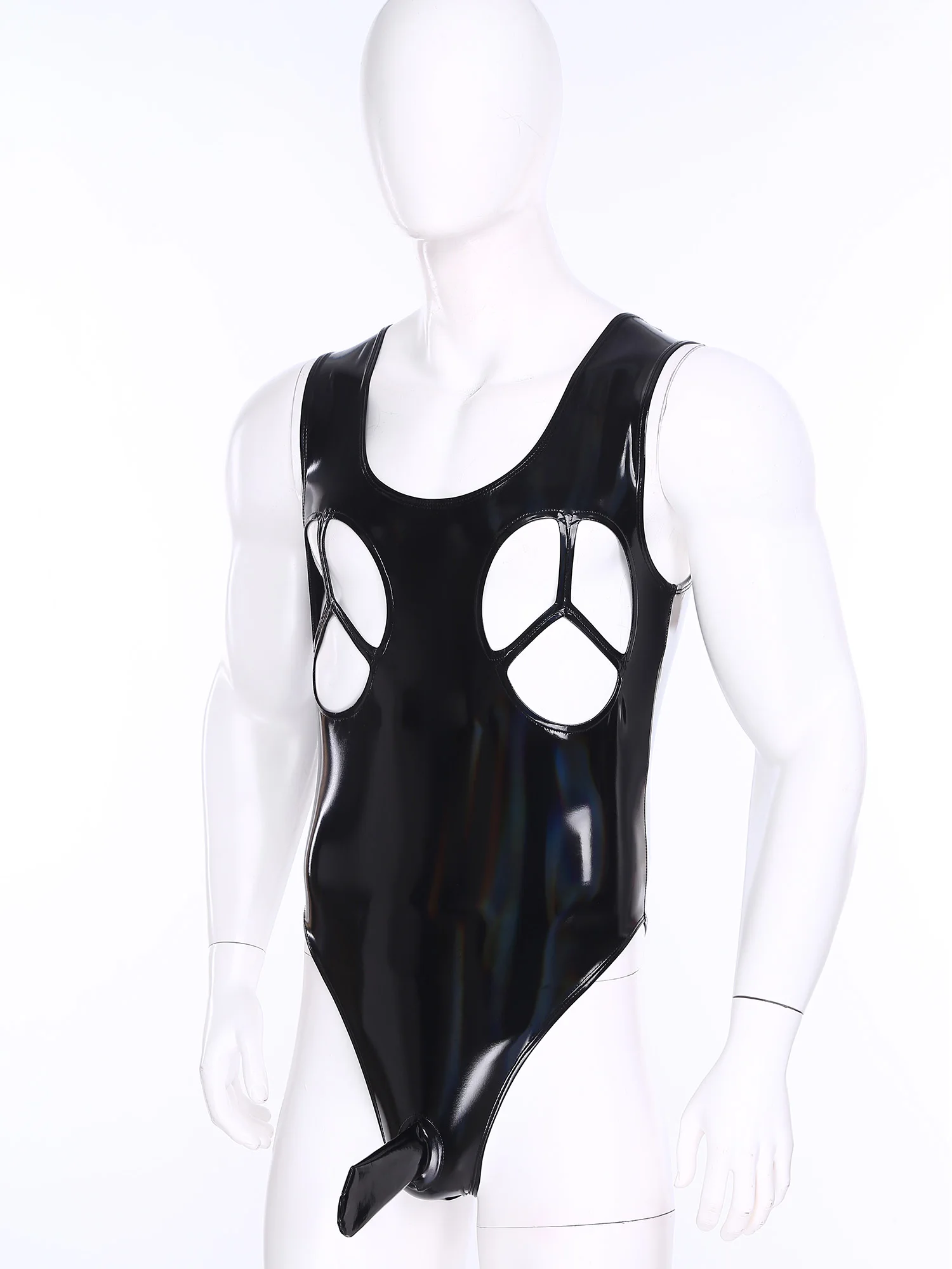 

Мужской глянцевый комбинезон из искусственной кожи с вырезами на груди, сексуальный облегающий боди-комбинезон с узкой промежностью, эффект мокрой кожи, для клубных вечеринок и рейвов