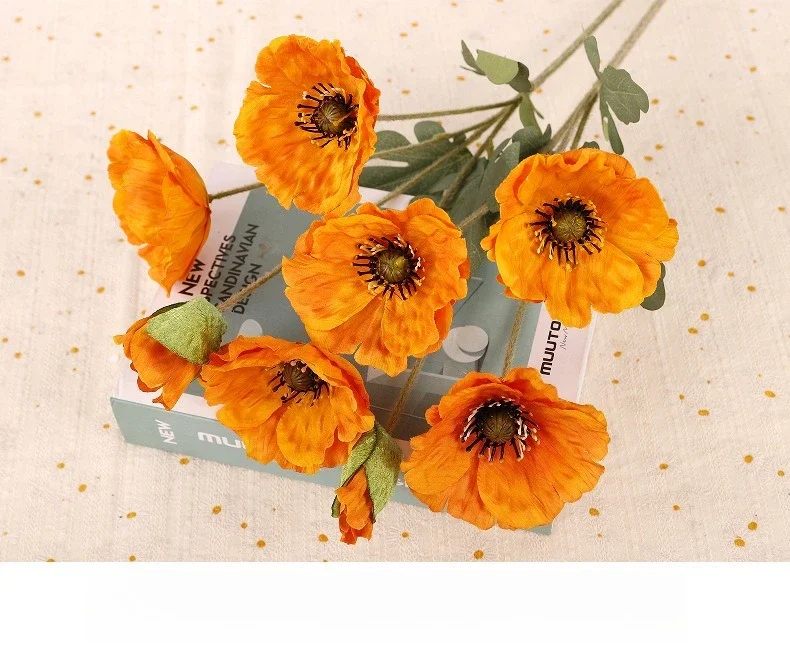 10 Stück Künstliche Beflockte Mohnblumen-Zweige Seidenblumen Einkaufszentrum-Dekoration Gelbe Mohnblumen-Simulation Café-Dekor – Detail 7