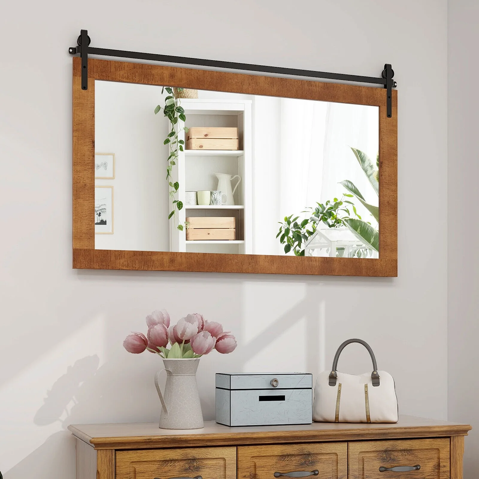 

US Farmhouse Bathroom Wall Mounted Mirror, Explosion Proof Fir Wooden Rack, 40x26"