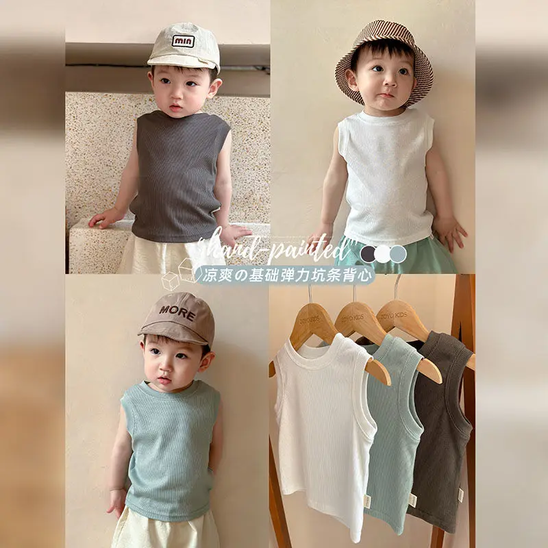 

Baby Summer Ice Silk Thin Sleeveless Top Basic Elastic Pit Stripe Cool Versatile Top Casual Beach Style 1-5Y