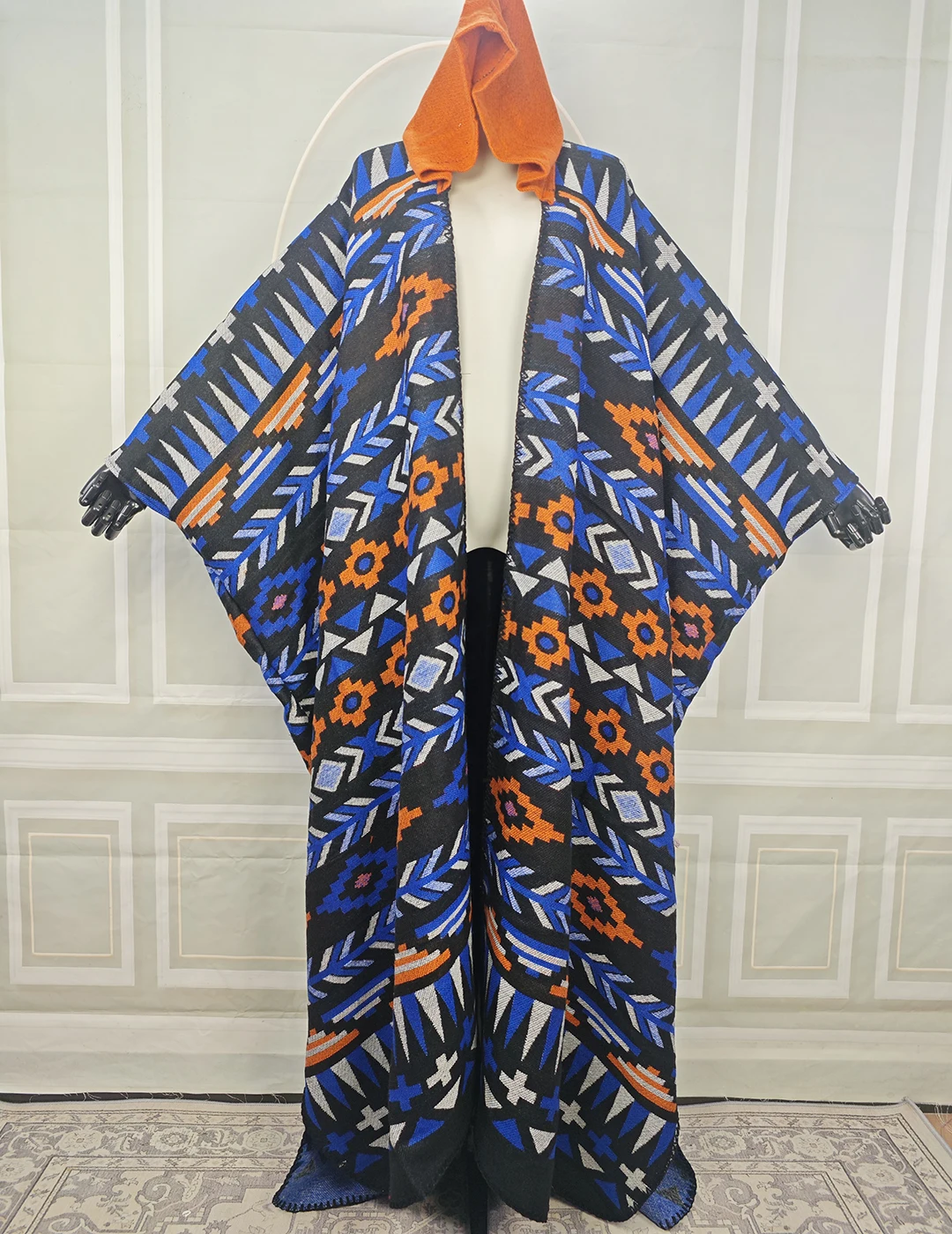 

African Blogger Winter Open Front Hooded Cardigans Muslim Women Oversized Printed Long Poncho Luxury Warm Casual Sweater For Hol