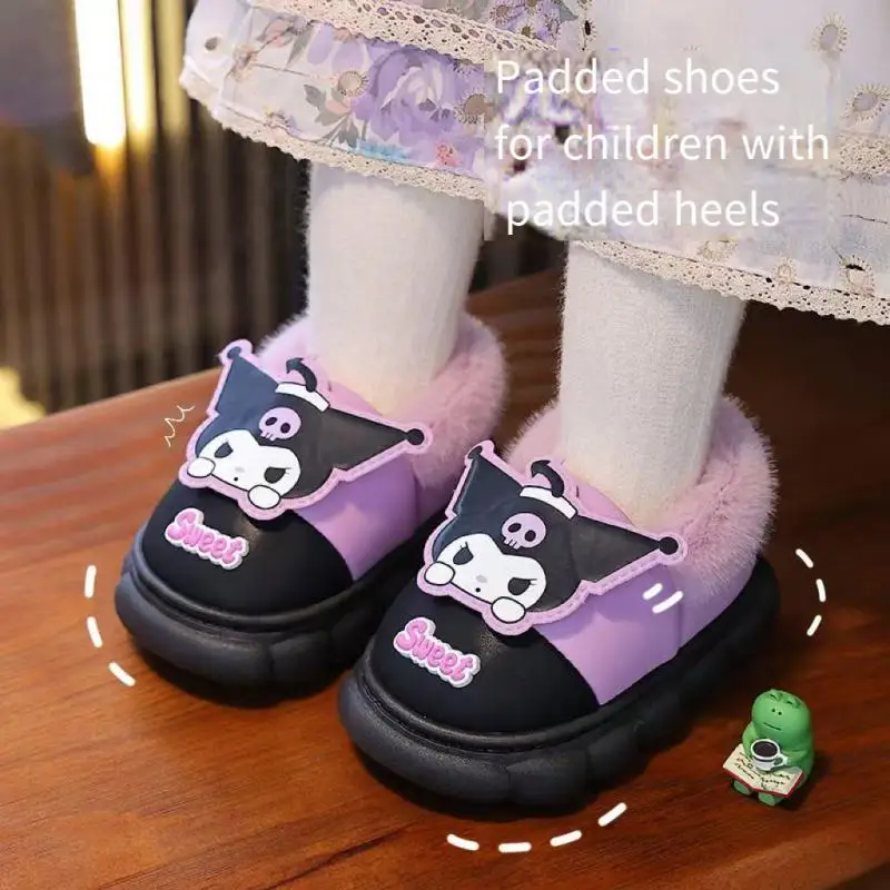 Sanrios Child Water Proof Include Heel Cotton Slippers Winter Girl Indoor Velvet Keep Warm Wear Outside Anti-Slip Cotton Shoes