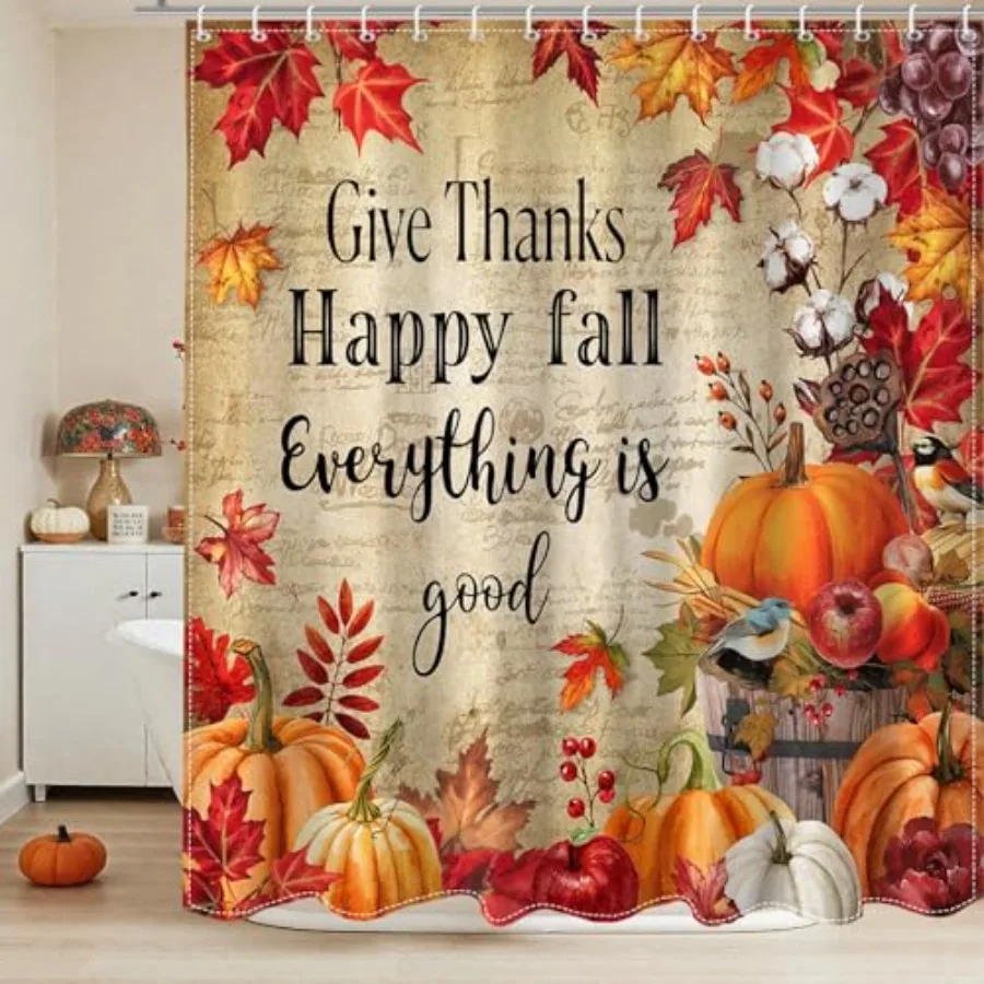 

Осенняя занавеска для душа на День Благодарения, осенняя занавеска для душа из клена и тыквы для осеннего декора ванной комнаты, осенний клен, птица, фрукты, фермерская обувь Th