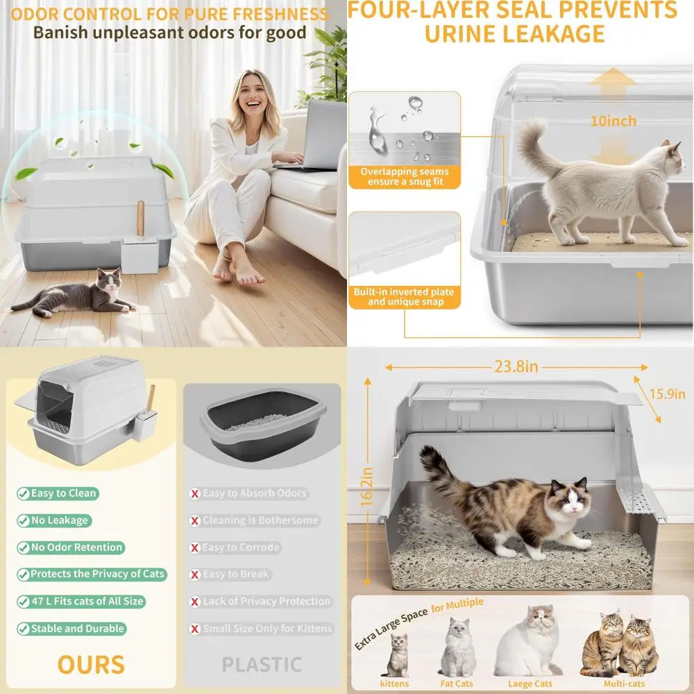 

Extra Large White Enclosed Stainless Steel Litter Box with High Sides, Lid, and Scoop for Odor Control and Easy Cleaning