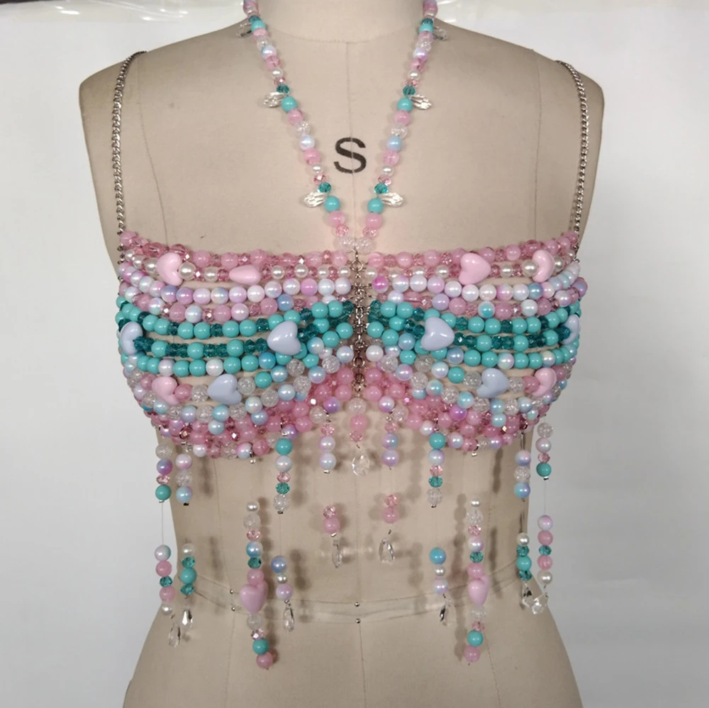 Sexy Women'S Handmade Tops Colorful Pearls Vest Sexy Ombre Beads Bustier Camisole Bra Chain Romantic Tank Top