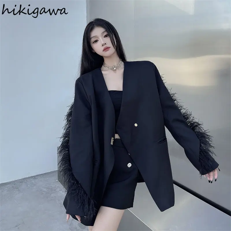 2024 Chaquetas Para Mujer Temperament Jackets for Women Patchwork Feather Long Sleeve Oversized Outwear Fashion Casual Y2k Coats