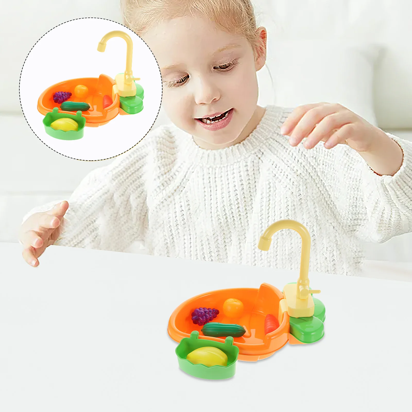 

1Set Kids Kitchen Play Set with Electric Sink Faucet and Drain Basket for Hand-Eye Coordination Fruit Vegetable Washing
