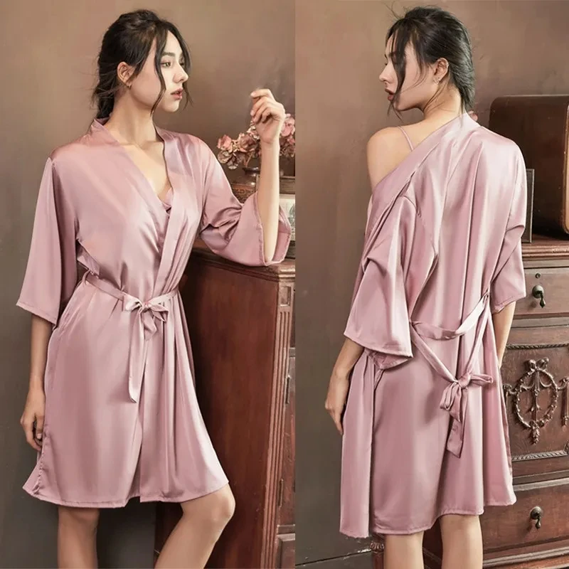 Female Satin Robe Pink Bridal Wedding Dressing Gown Loose Casual Kimono Bathrobe Gown Summer Nightgown Sexy Nightwear Loungewear