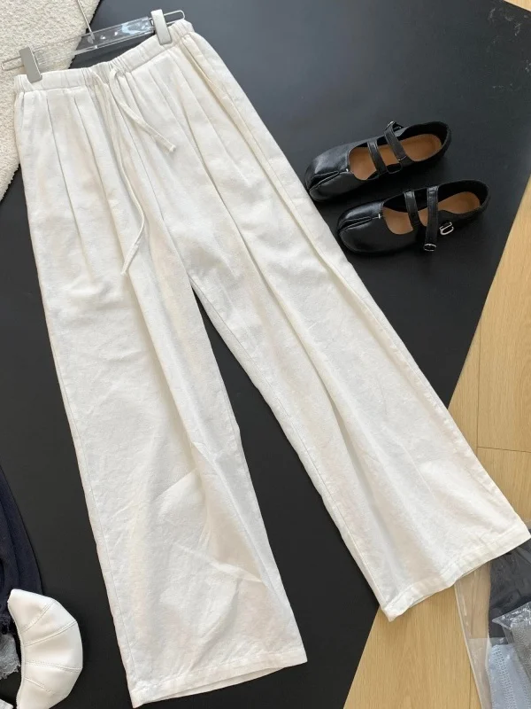 White Cotton Linen Wide Leg Pants Women's Summer Drapey Style Casual Trousers Flax Loose Fit High Waist Straight Leg Pants