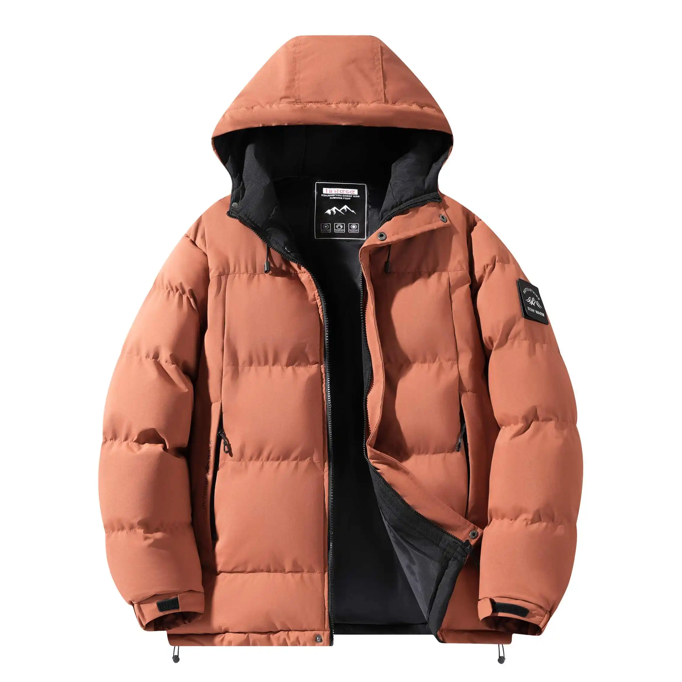 Men's Hooded Thick Cotton Jacket, Contrast Color Inner Lining, Windproof Fabric, Adjustable Hem Drawstring, Velcro Cuffs, Loose Fit, Warm Casual Outerwear for Autumn Winter Outdoor