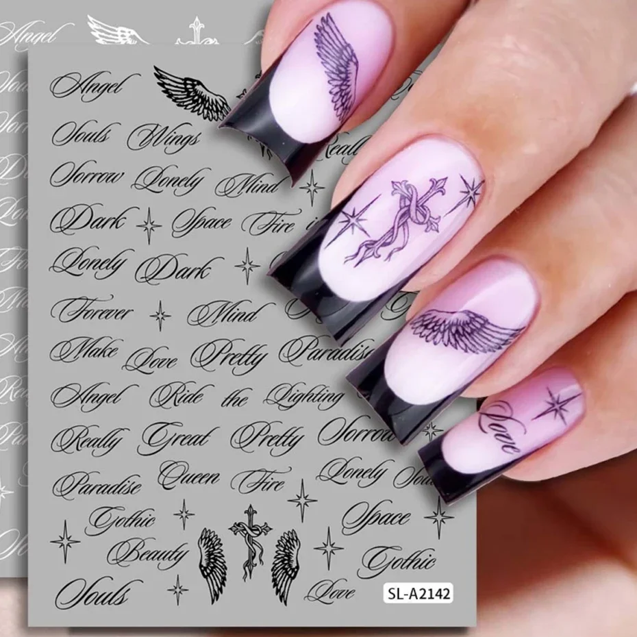 Calcomanías de uñas con letras en blanco y negro, alas de ángel, diseños mixtos holográficos, estilo Y2K, DIY 2