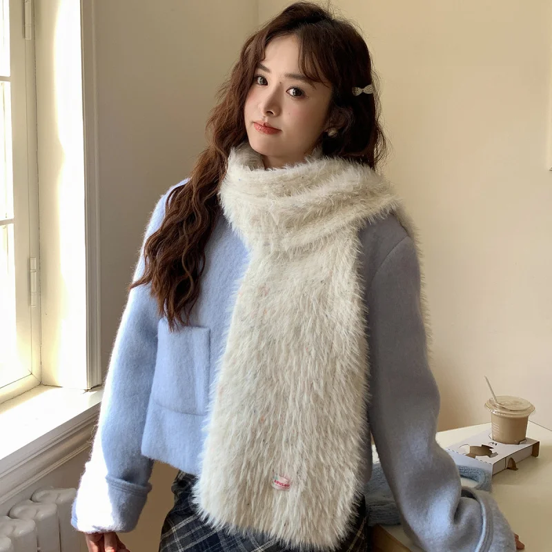 

New Imitation Mink Small Color Long Strip Plush Knitted Scarf Winter Thickened Cold-proof Warm Versatile Fashion Simple