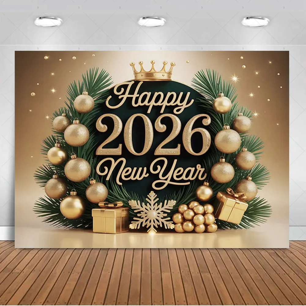 

2026 Happy New Year Theme Backdrop Black Gold Balloon Banner Champagne Celebrate Family Partys Decoration Gift Photo Studio Prop