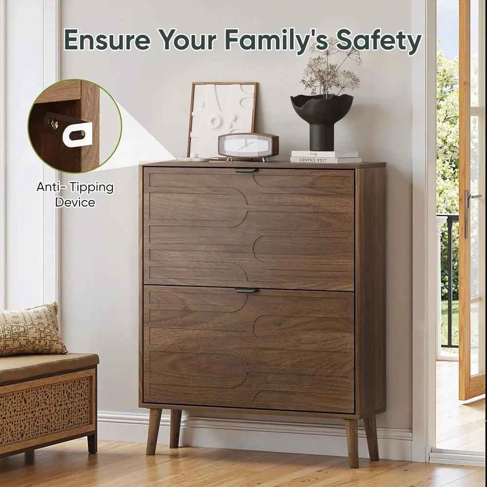 Zapatero independiente de nogal con 2 cajones y diseño de panel estriado para almacenamiento en la entrada