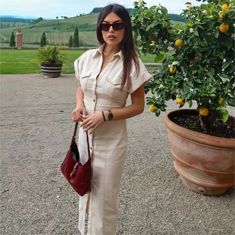 فساتين أنيقة أنيقة بطيات للنساء 2025 موضة الصيف الجديدة واحدة الصدر قصيرة الأكمام فستان طويل عادية Bodycon Vestidos