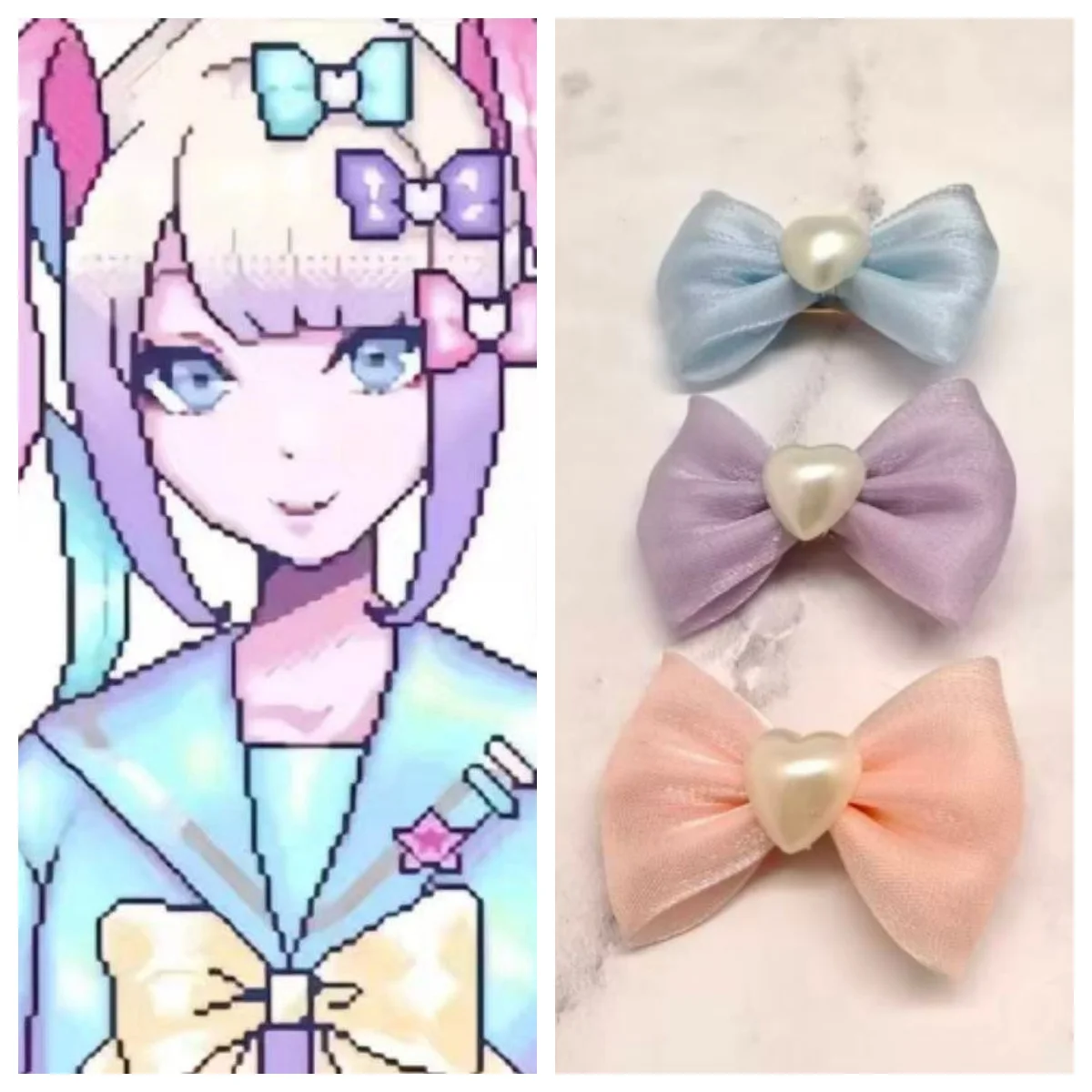 Juego NEEDY GIRL OVERDOSE KAnge Ame Rain Cosplay horquillas coloridas en forma de corazón perla lazo tocado con horquillas Accesorios