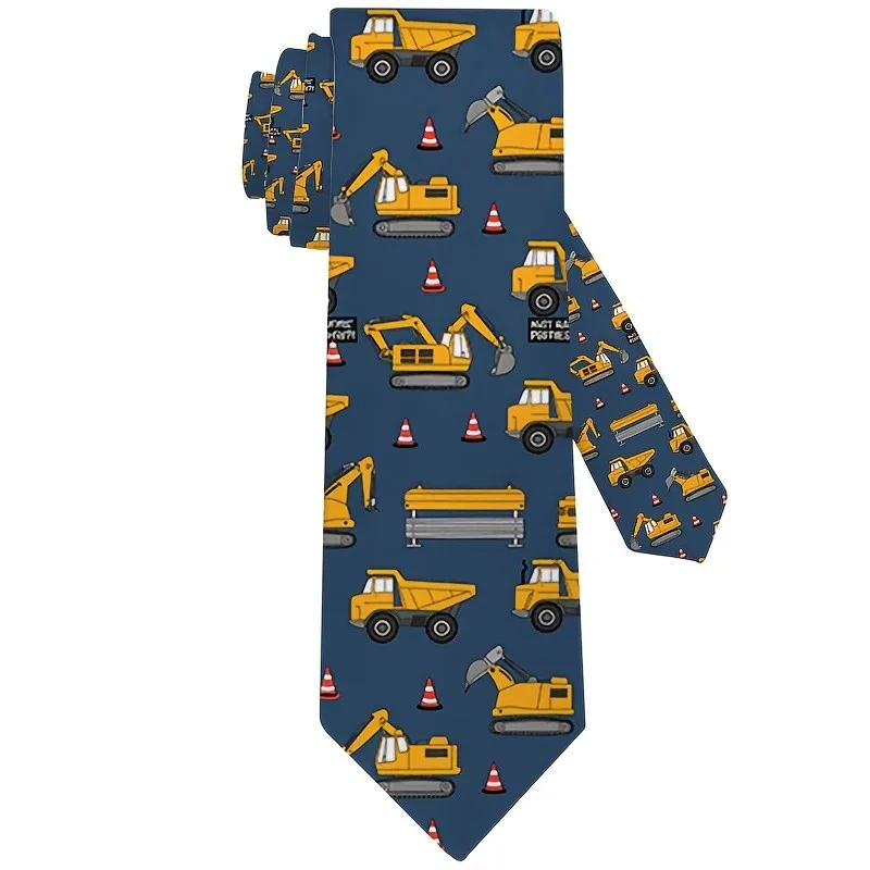 Dark Blue Background Architectural Element Theme Childlike Cartoon Style Printed Woven Polyester Necktie