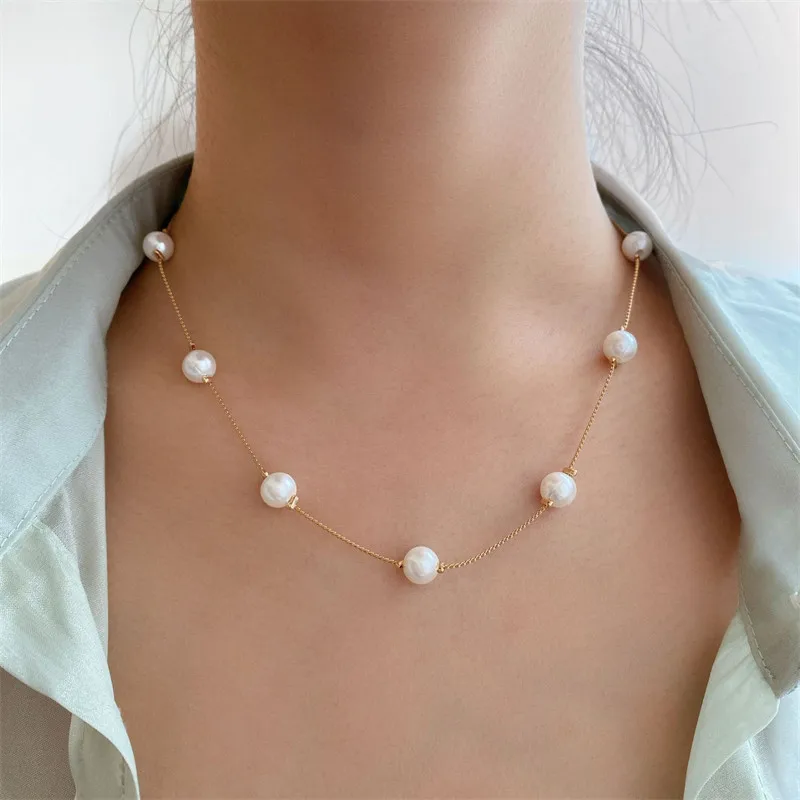 Pearl Choker Dainty Adjustable Necklace Rose Gold Plated Cultured Barque Pearl Tiny Chain Delicate Mother\'s Valentine Jewelry