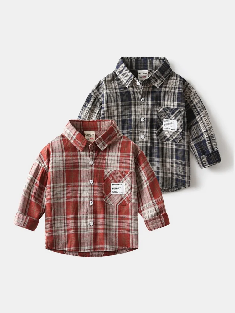 Little Boy Plaid Shirt Chest Pocket Stand Collar Long Sleeve Front Button-up Tops Spring Fall Gentleman Clothes 2-8 Years