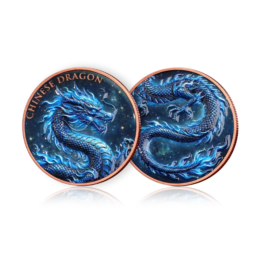 Blue Dragon Challenge Coin Copper Plated Colorful Printed Collectible Medallion Lucky Gift for Collectors
