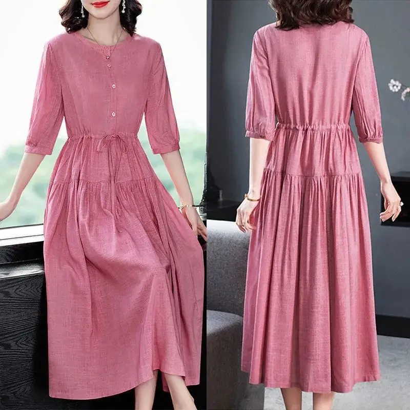 Summer New Chic Solid Color Cotton Dress Women Elegant Fashion Vestidos De Fiesta Long Sleeve Robe Femme O Neck Women\'s Clothing