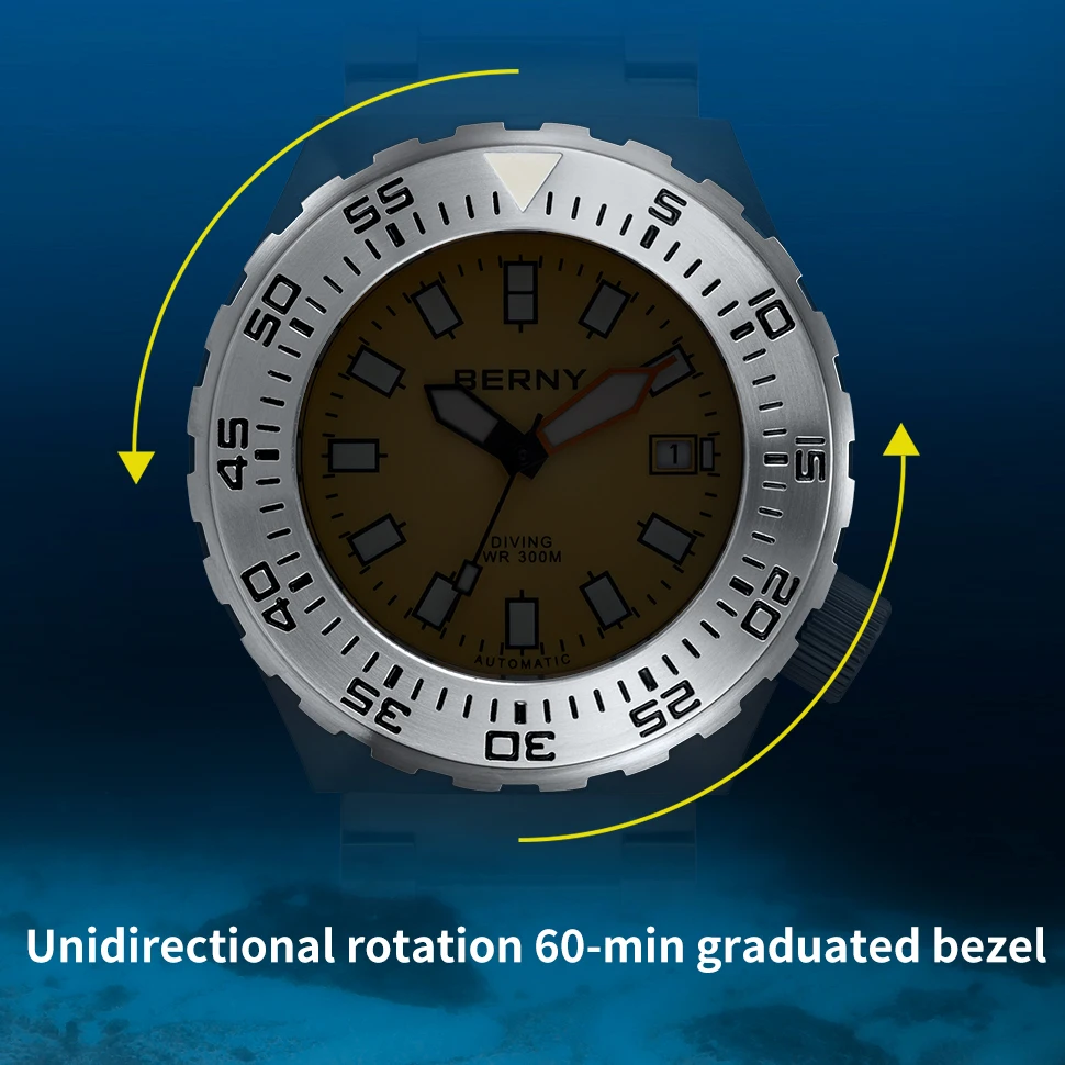 Reloj de buceo BERNY para hombre, relojes de pulsera mecánicos automáticos, resistente al agua hasta 30ATM, fecha masculina, relojes de buceo deportivos de zafiro superluminoso