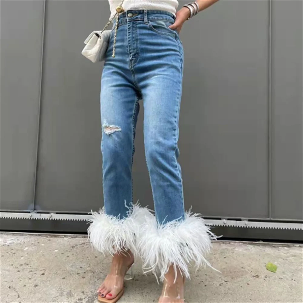 Feather splicing stretch denim pans women hole high-waisted straight jeans