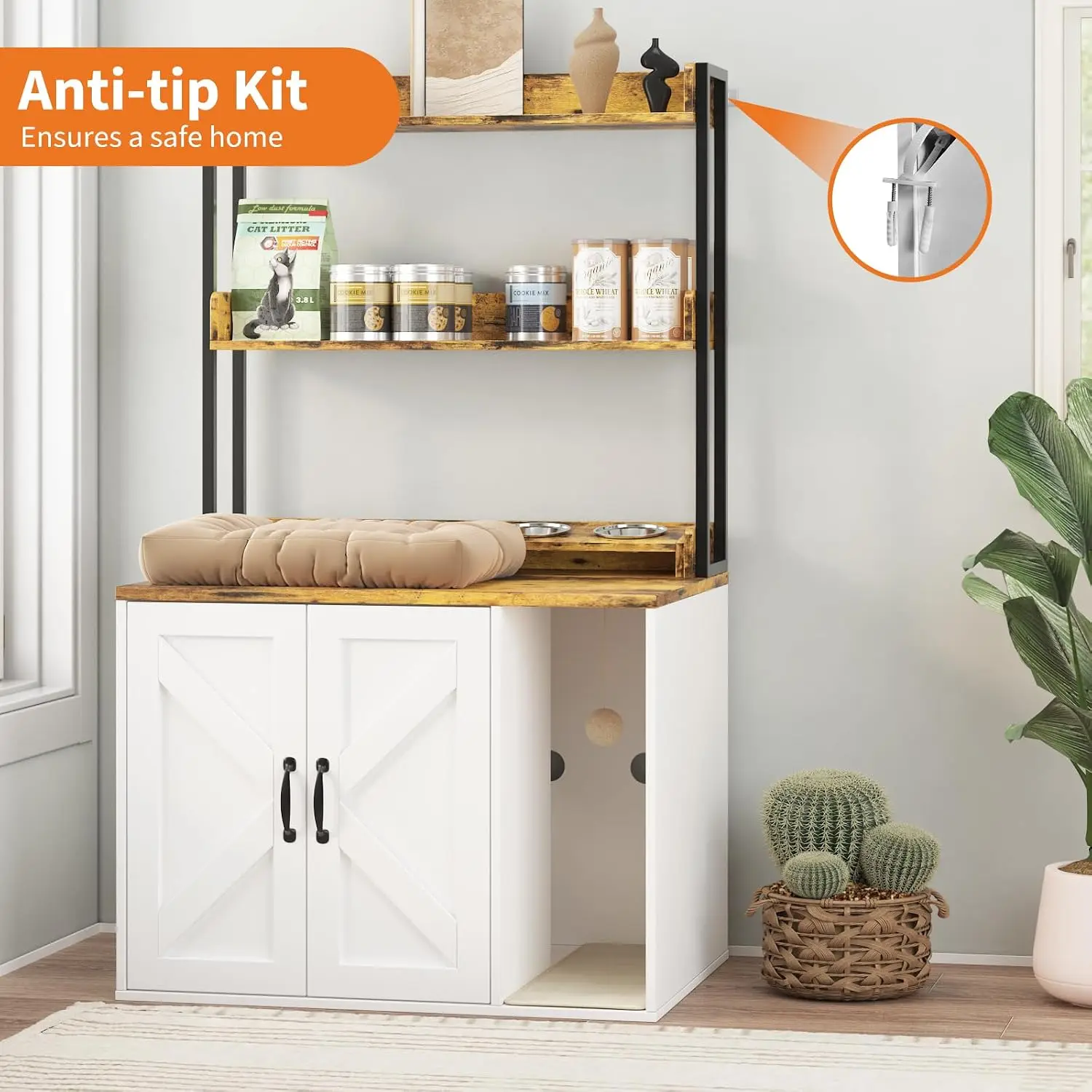 55" H Large Cat Litter Box Enclosure, Hidden Litter Box Furniture Cat Cabinet with Storage Shelves & Charging Sockets