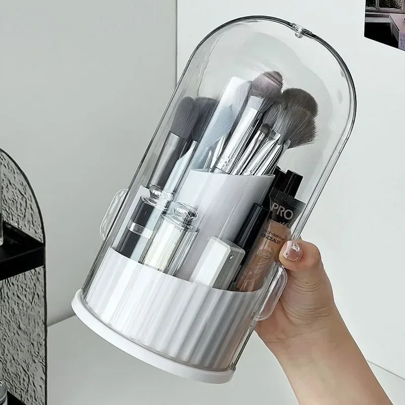 Makeup Brush Holder Organizer 360° Rotating Cosmetic Organizer with Lid Desktop Makeup Organizer Lipstick Eyebrow Pencil Holder