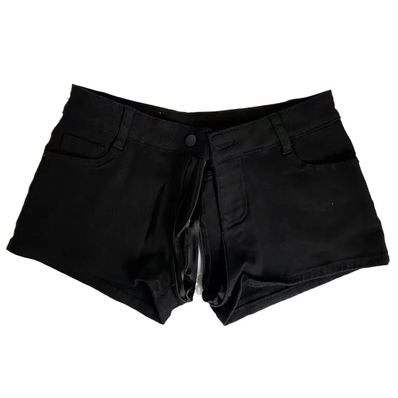 

Women's Sexy Black Denim Shorts Invisible Zipper Crotch Open Seat Jeans Hotpants Nightclub Pole Dance Clubwear Mini Short