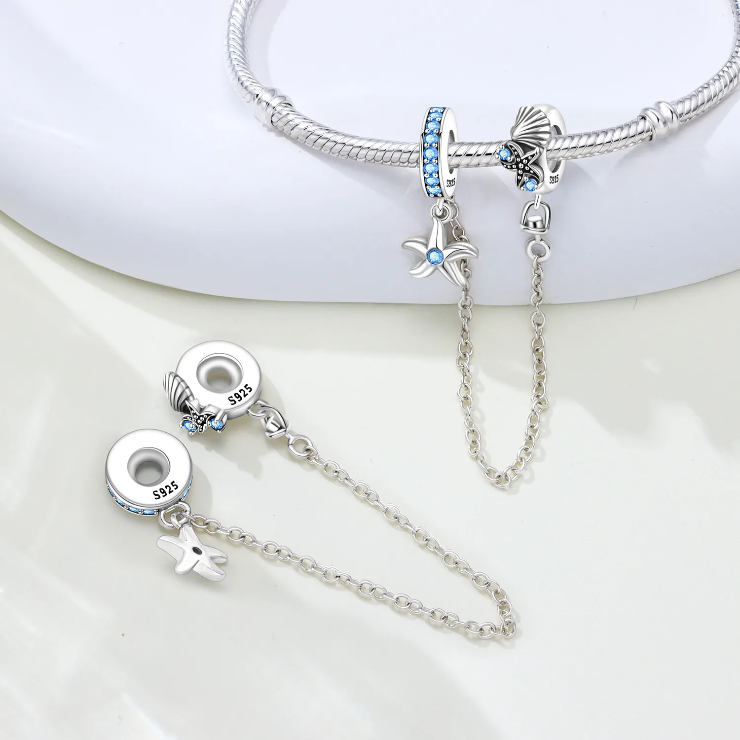 MISEFF S925 Sterling Silber Charm Anhänger mit niedlichem Pfotenabdruck, Seestern und Muschel, Sicherheitskette für Armbänder, DIY Schmuckherstellung, Geschenk