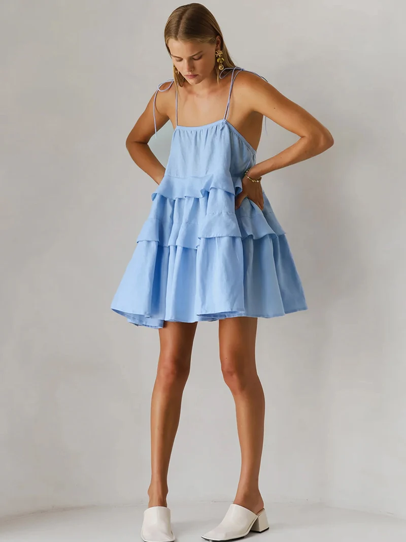 Mcsz mini vestido branco com alça espaguete, feminino, em camadas, plissado, curto, verão, estilo coreano, fofo, praia, férias