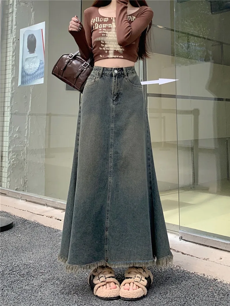 2024 Autumn Women clothes High Waist Retro Denim Half A- line Skirt Design Sense  Frayed Fishtail Long Skirt