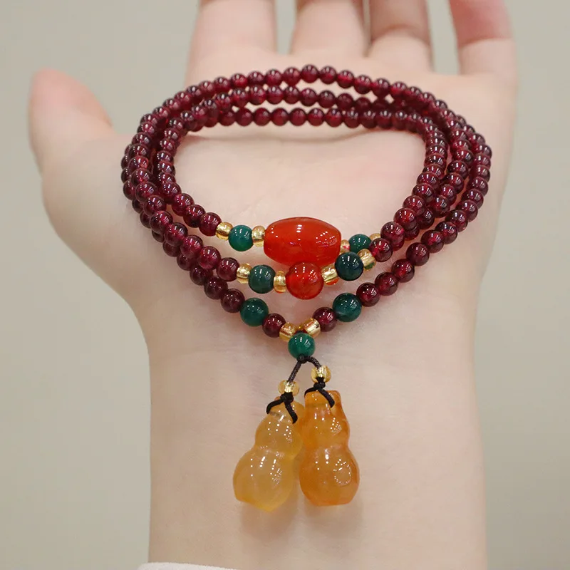 

New Chinese Natural Three Circle Garnet Bracelet Female Chalcedony Apple Gourd Pendant Chinese Wind Hand Jewelry Explosions