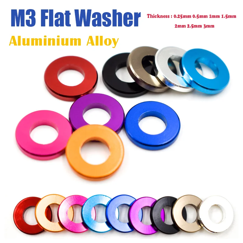 20~100PCS Aluminium Alloy Anodised M3 Metric Colourful Flat Washer Spacer Gasket Thickness 0.25mm 0.5mm 1mm 1.5mm 2mm 2.5mm 3mm