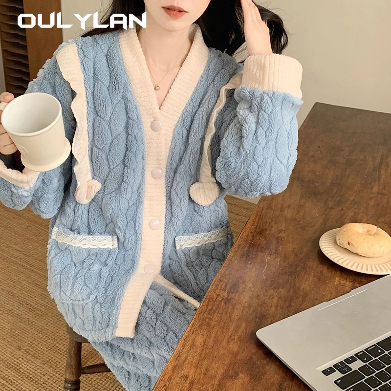 

Winter Coral Velvet Pajamas for Women Thickened Fleece Warmth Simple Sweet Sleepwear Girl Flannel Loose Cardigan Home Suit Set