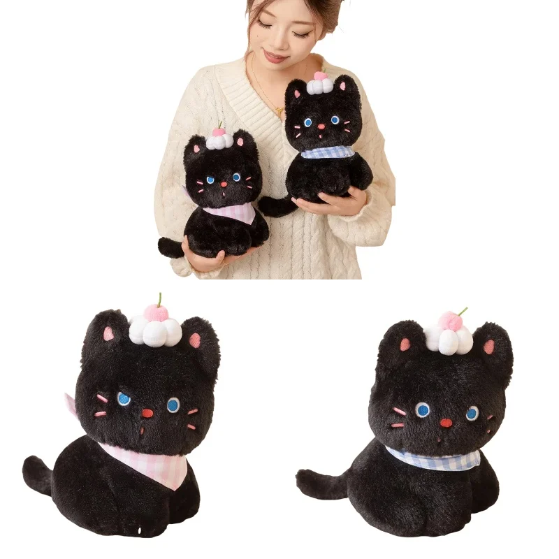 

Милая детская кукла-компаньон 25 см INS Kawaii Cream Black Cat Плюшевая игрушка Милый кот с кремовым декором для торта Плюшевая кукла Детский подарок на день рождения