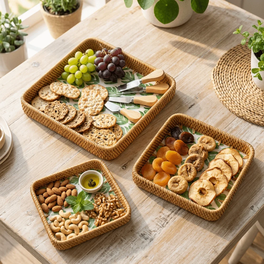 3Pcs Plant fiber Serving Tray Flat Tray Woven Texture Decorative Tray Sturdy Breathable Structure Catchall Organizer