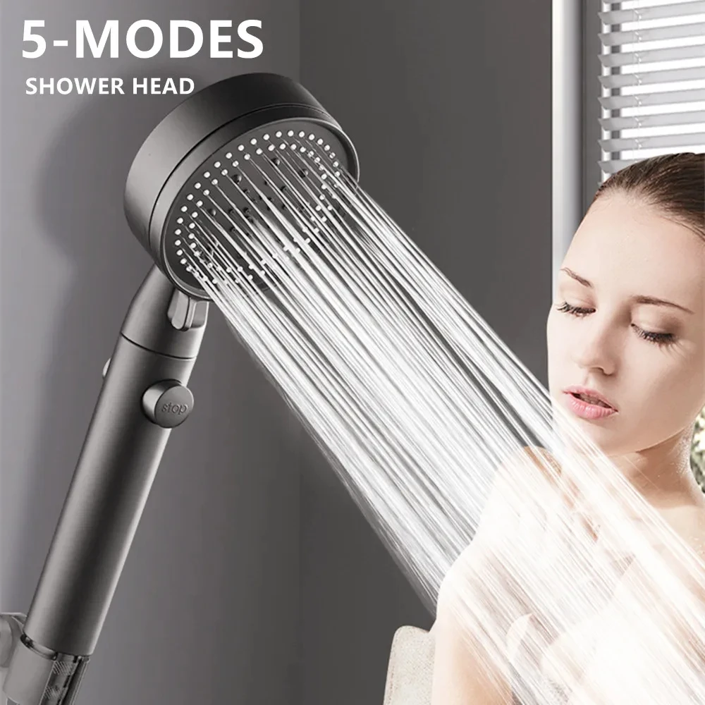 High Pressure Shower Head 5 Modes Adjustable Showerheads with Hose Water Saving One-Key Stop Spray Nozzle Bathroom Accessories