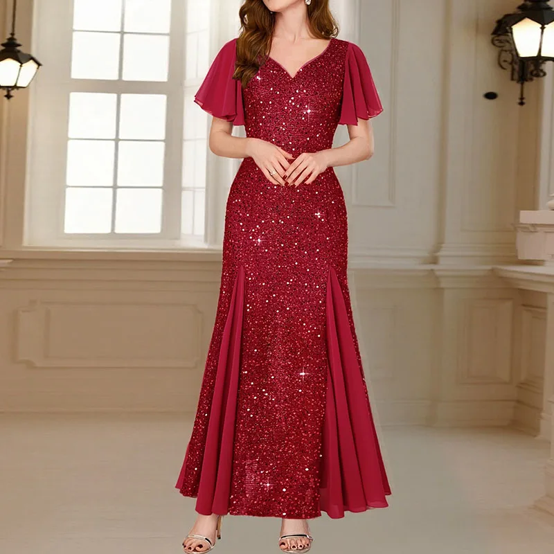 Robe longue plissée à volants et manches courtes pour femmes, tenue de soirée Slim, élégante, col en v, paillettes brillantes, décontractée