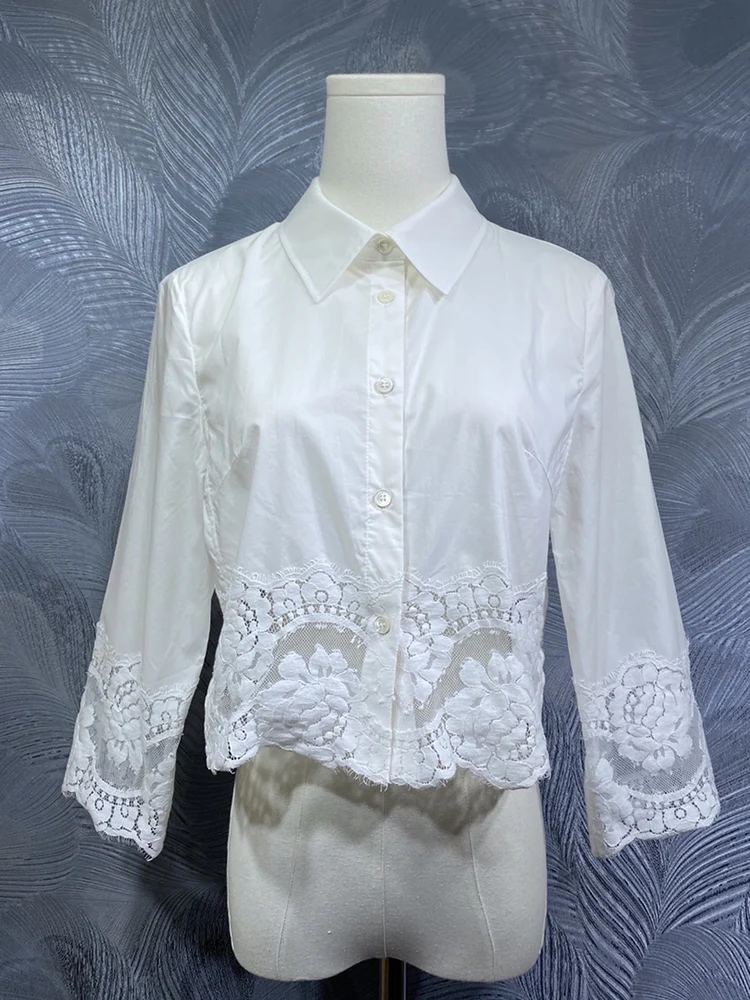 Fashion Elegant Women Spring Summer Shirt 100% Cotton Patchwork Lace Sweet Laptops Elegant Lady Blouses