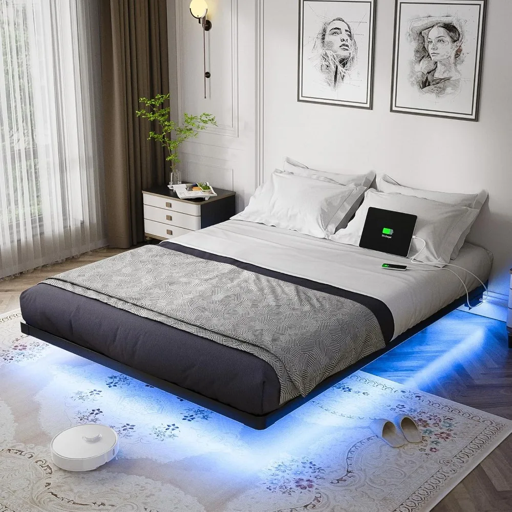 

Floating Bed Frame Queen Size with Smart LED Lights and Charging Station - Modern Metal Platform Bed, Easy Assembly