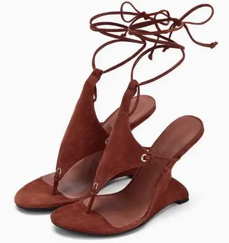 Sandalias sexis de tacón de ante marrón y negro con cordones, sandalias de verano de tacón alto con Clip dedos a la moda para mujer